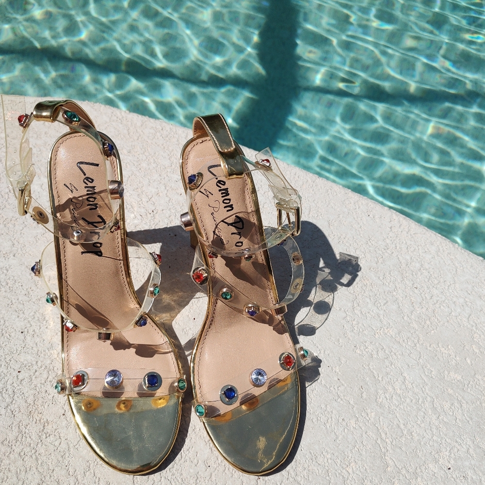 Dainty Minimal Gold Heels With Colorful Stones On Straps - Picture 14 of 14